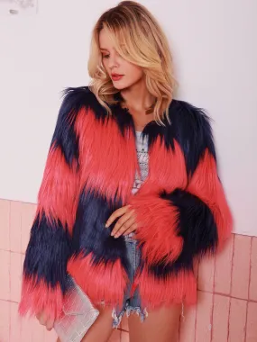 Faux Fur Coats Ture Red Long Sleeves Two-Tone Eco-friendly Fur Coat